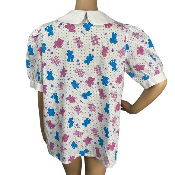 Vtg White Blue Pink Teddy Bear Collared Babydoll Puff Sleeve Tunic Top SZ 14 - Picture 7 of 10